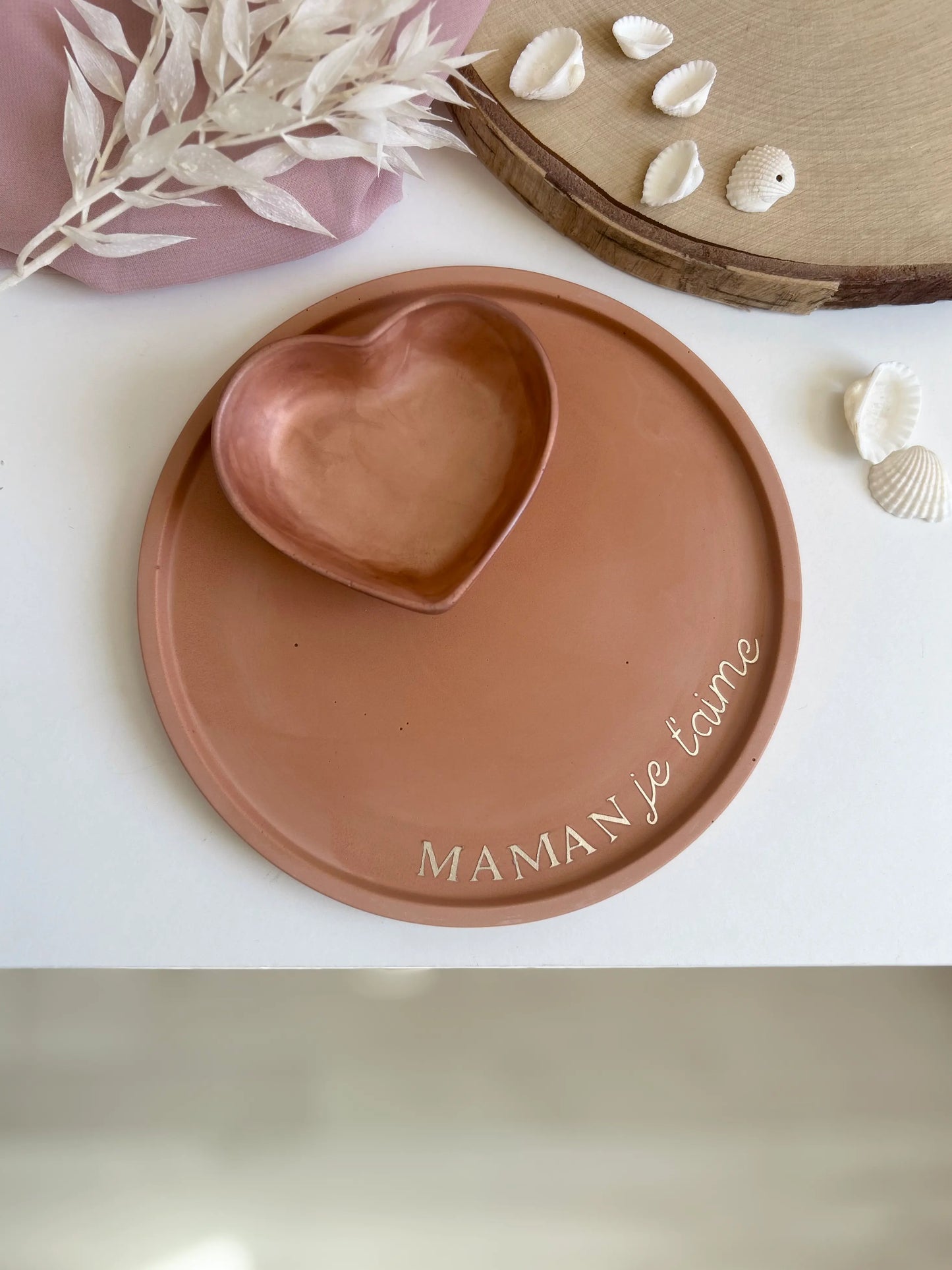 Plateau rond et coupelle coeur spécial maman - Terracotta