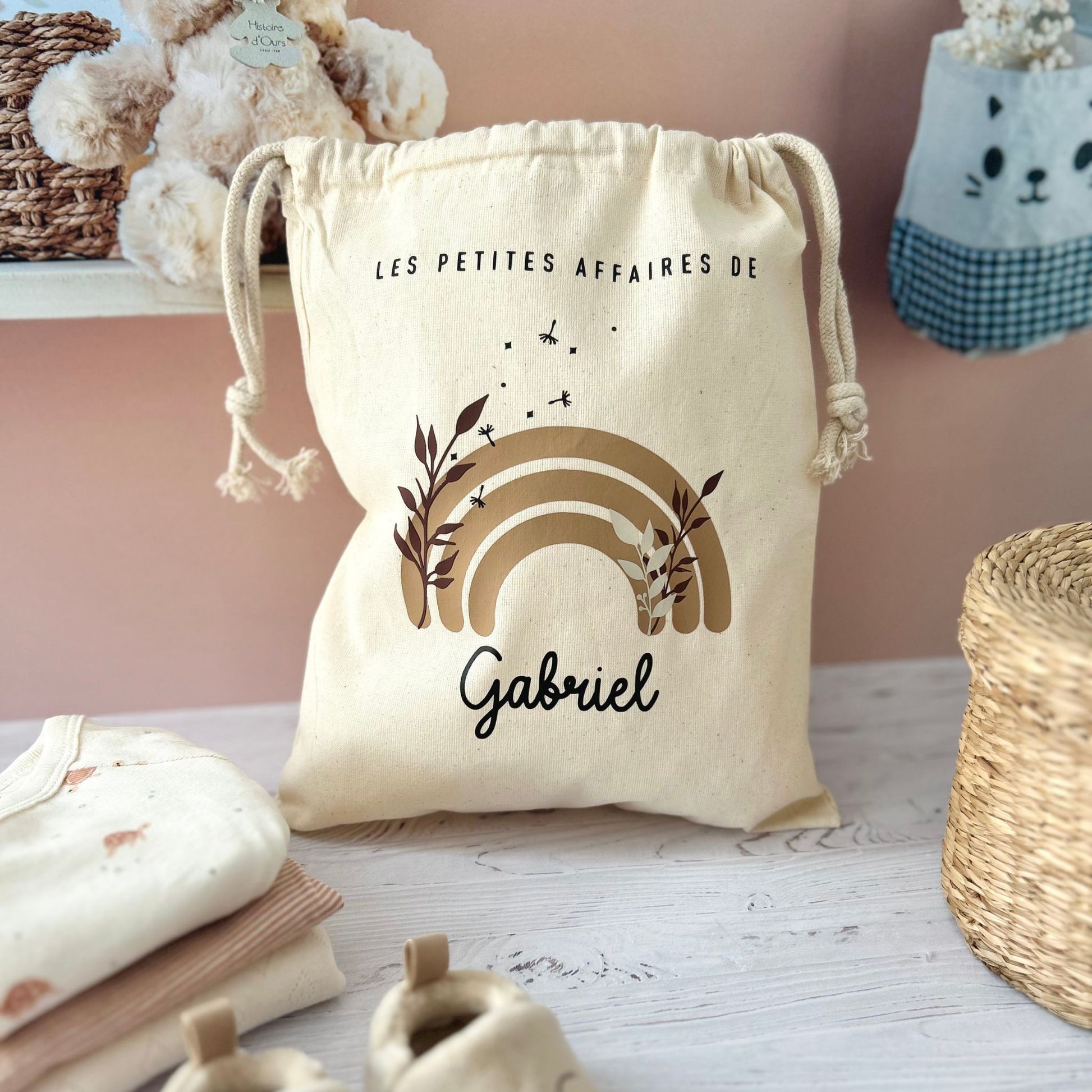 sac en coton pour ranger les rechanges de bébé, personnalisé avec son prénom.